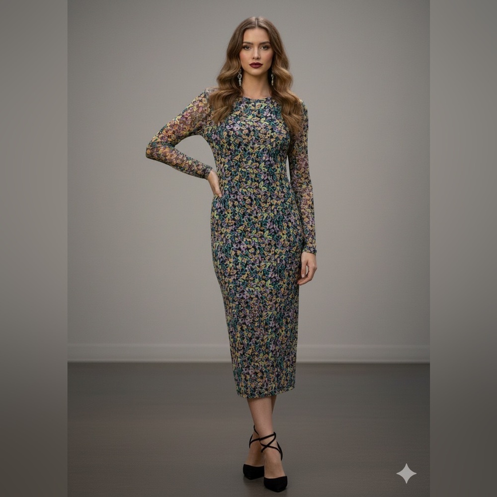 AFRM LOS ANGELES Loah Long Sleeve Mesh Midi Dress